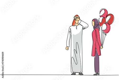 Single one line drawing an arab woman stands while carrying a number of balloons behind her body. Anything for the happiness of beloved partner. Surprise. Continuous line design graphic illustration