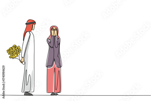 Continuous one line drawing an arab man stands carrying a bouquet of flowers behind his body. Have the desire to always make the partner happy. Surprise. Single line draw design vector illustration