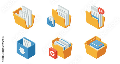 Isometric folder icons with documents and files
