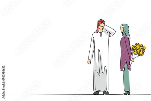 Single continuous line drawing an arab woman stands carrying a bouquet of flowers behind her body. Surprises from loved ones will always be beautiful. Surprise. One line design vector illustration