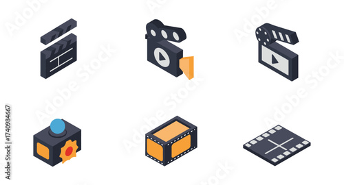 Isometric movie icons: clapperboard, camera, film strip, and projector designs