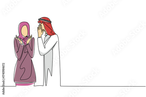 Continuous one line drawing an arab man whispers to an arab woman who raises both her hands. Expressing love through intimate whispers. Lover. Surprise. Single line draw design vector illustration