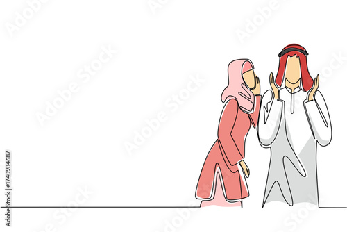 Single one line drawing an arab woman whispers to an arab man who raises both his hands. Talking about sensitive things in secret. Care. Loving. Surprise. Continuous line design graphic illustration