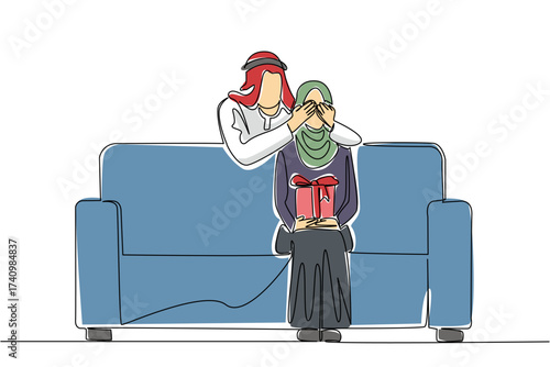Single one line drawing an arab woman sitting on a sofa holding a gift box. A simple surprise full of meaning from the beloved husband. Gift. Surprise. Continuous line design graphic illustration