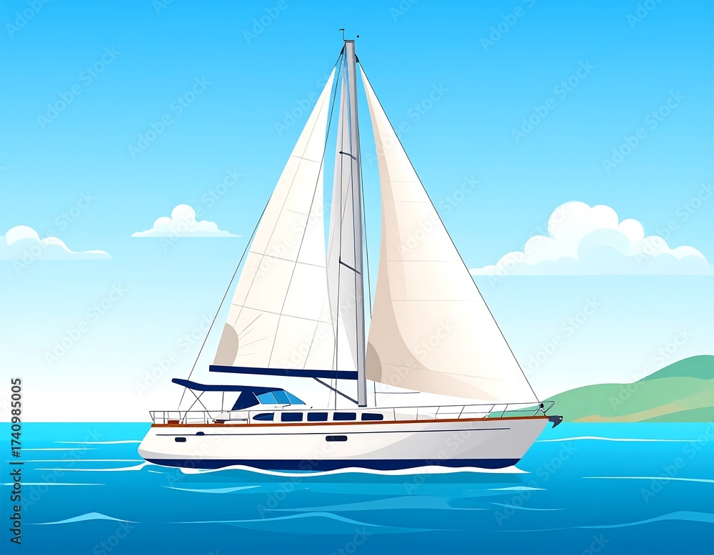 Fototapeta premium A colorful illustration featuring a sailboat gliding over tranquil, blue waters under a bright sky with fluffy clouds, with a hill in the background