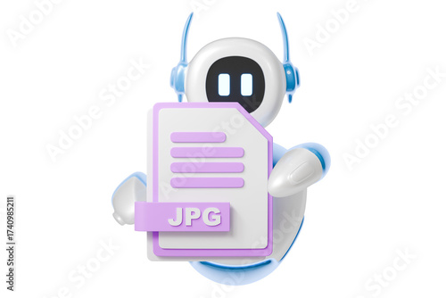 Wallpaper Mural 3d robot holding jpg file icon. image file concept. Minimal cartoon jpg jpeg photo file bot for app banner and website header. isolated on white background. 3d render. Torontodigital.ca