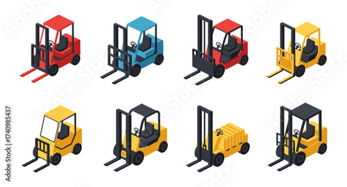 Colorful forklift trucks in isometric style: red, blue, and yellow variations