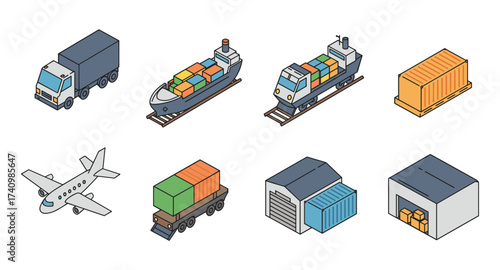 Isometric transport icons featuring trucks, ships, planes, and warehouses for logistics and delivery