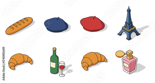 French culture elements in isometric design: eiffel tower, baguette, beret, croissant, wine, perfume
