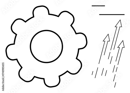 Large gear next to upward arrows symbolizing advancement, productivity, and success. Ideal for technology, growth, teamwork, innovation, productivity strategy and progress themes. Simple flat