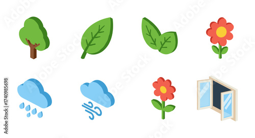 Colorful nature and weather isometric icons set for ecological design