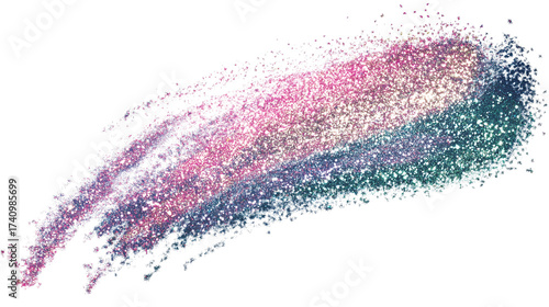 Colorful glitter brushstroke with sparkling texture in pink, purple, and green shades, isolated on white background, representing festive decoration, glamour, makeup, and artistic shimmer effect