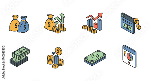Isometric financial icons: money, growth, payment methods, investment trends
