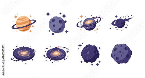 Whimsical cosmic elements with planets, moons, and galaxies on white background