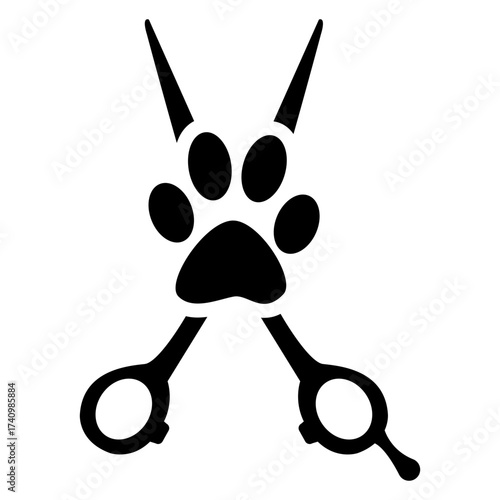 Logo peluquería de mascotas. Icono con silueta de tijera de peluquero y zarpa de perro o gato 