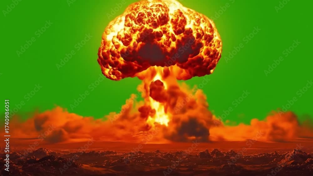 Dramatic nuclear explosion against a vibrant green sky, showcasing the power of destruction and chaos