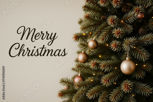 Christmas Tree with Golden Baubles and Merry Christmas Text