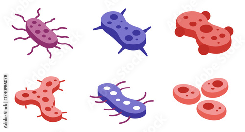 Colorful isometric bacteria icons set for microbiology and science design
