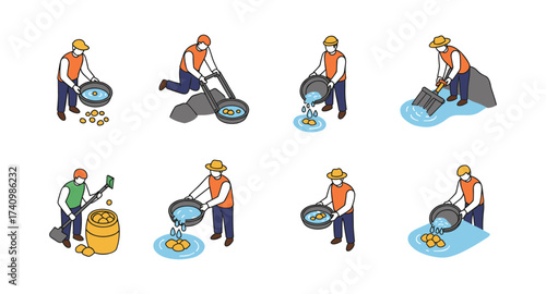 Gold prospecting: cartoon style miners panning by river