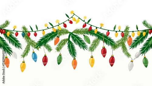 Vector art of cheerful christmas garland featuring vibrant lights and ornaments adorning lush evergreen branches, for seasonal joy