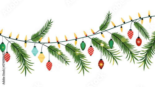 Vector art of whimsical christmas garland with twinkling lights and charming ornaments hanging from lush evergreen branches, for holiday magic
