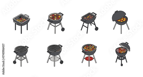 Collection of isometric grills with open and closed lids and different designs