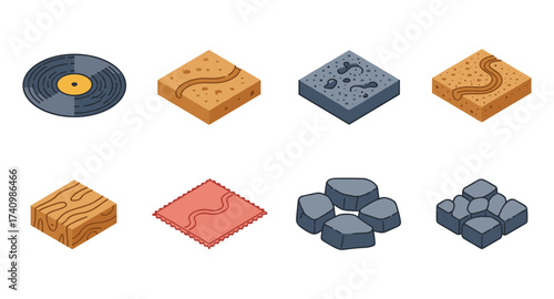 Isometric collection of diverse textures and surfaces in multiple colors and patterns