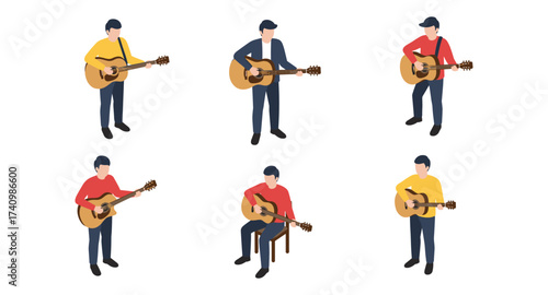 Isometric guitar players: standing and seated musicians in various poses