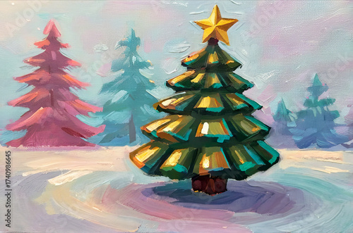 A Christmas tree in the forest painted with oil paints