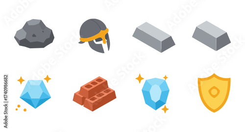 Medieval icons set featuring gems, metals, and armor elements in flat design
