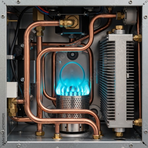 view inside a compact, modular industrial or residential unit showing copper pipes connected by brass fittings, a flared aluminum heat sink, and a central glowing blue gas flame from a burner ring.