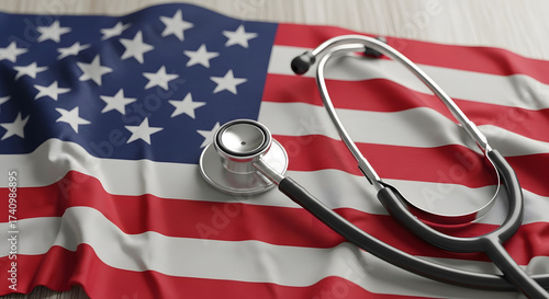 Stethoscope on american flag, symbolizing healthcare in the united states, health insurance, medical system, and access to medical care