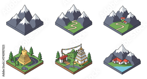 Isometric mountain and temple landscape icons with snowy peaks and pagodas