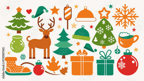 Vector art of collection of christmas icons on, featuring tree, deer, gift, hat, snowflake, and other holiday elements for festive designs