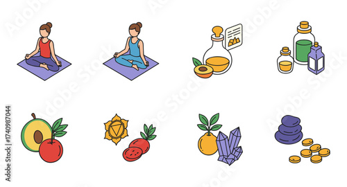 Colorful icons of yoga, meditation, and holistic wellness elements