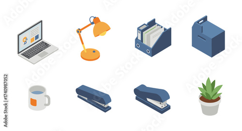 Essential office supplies isometric set: laptop, lamp, files, box, mug, staplers, plant