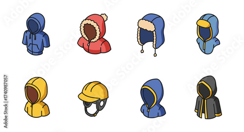 Isometric hooded and headwear collection: colorful fashion essentials