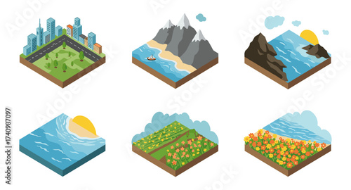Isometric landscape set featuring cityscape, mountains, coastline, ocean, farmland, and flower field