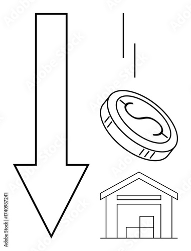 Downward arrow, falling coin with dollar sign, and warehouse outline with stored boxes. Ideal for themes on financial loss, economics, cost reduction, warehouse management, logistics, declining