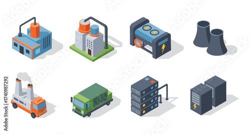 Isometric power and industry icons featuring energy plants and equipment