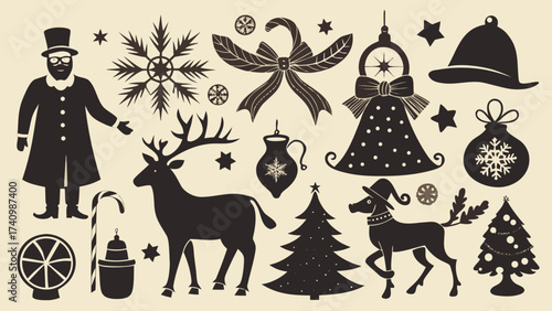 Vector art of monochrome christmas elements in vintage style, featuring a christmas tree, reindeer, and other holidaythemed icons on a beige background