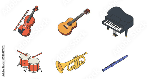 Isometric musical instruments collection with guitar piano violin trumpet drums clarinet