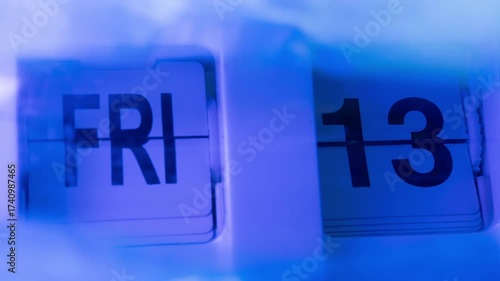 Stop-motion of a flip calendar moving fast and stopping at Friday the 13th