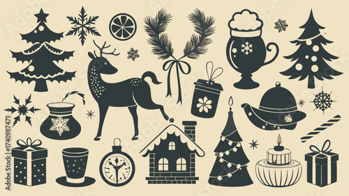 Vector art of christmas and new year silhouette vector set collection of holiday elements tree, deer, gift, snowflake, house, wreath, sweets, and drinks