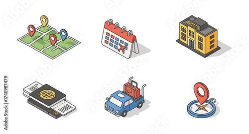 Isometric travel and location icons featuring map, calendar, and transport