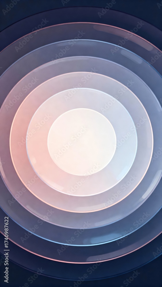 Obraz premium Abstract circular layers in soft pastel colors create a visually striking composition, featuring a central bright circle surrounded by concentric rings, evoking a sense of depth and tranquility in des