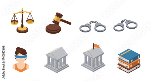 Justice symbols isometric set: scales, gavel, handcuffs, courthouse, legal books