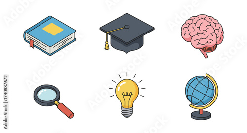 Colorful education icon set featuring book, graduation cap, brain, magnifying glass, light bulb, and globe