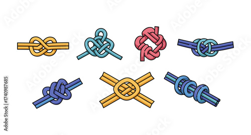 Colorful rope knots collection in hand drawn style on white background