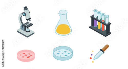Isometric science lab equipment icons featuring microscopes and test tubes